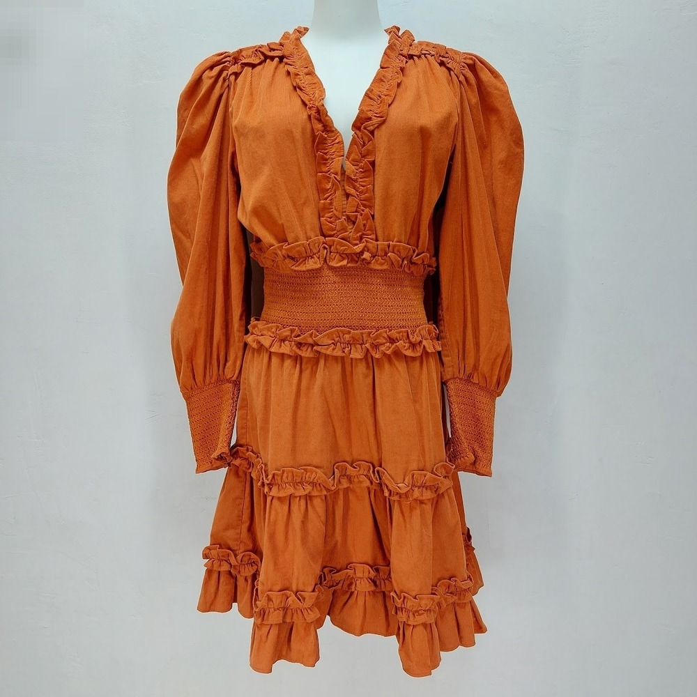 House of Harlow 1960 Dress Women's M Orange Boho Cottagecore Ruffle Puff Sleeve